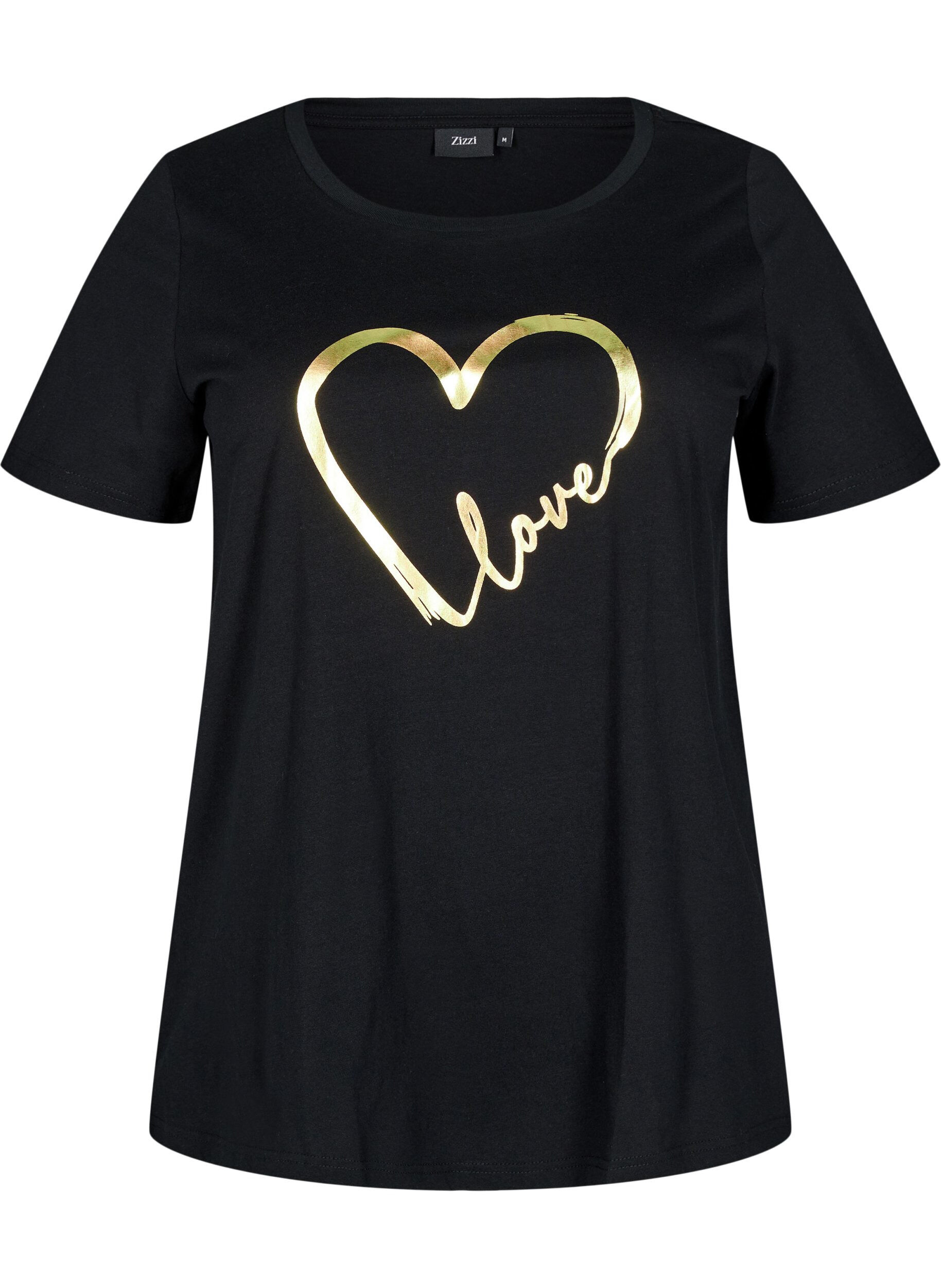 Zizzi Bomulds t-shirt med motiv, Black w. Gold Love, Packshot image number 0