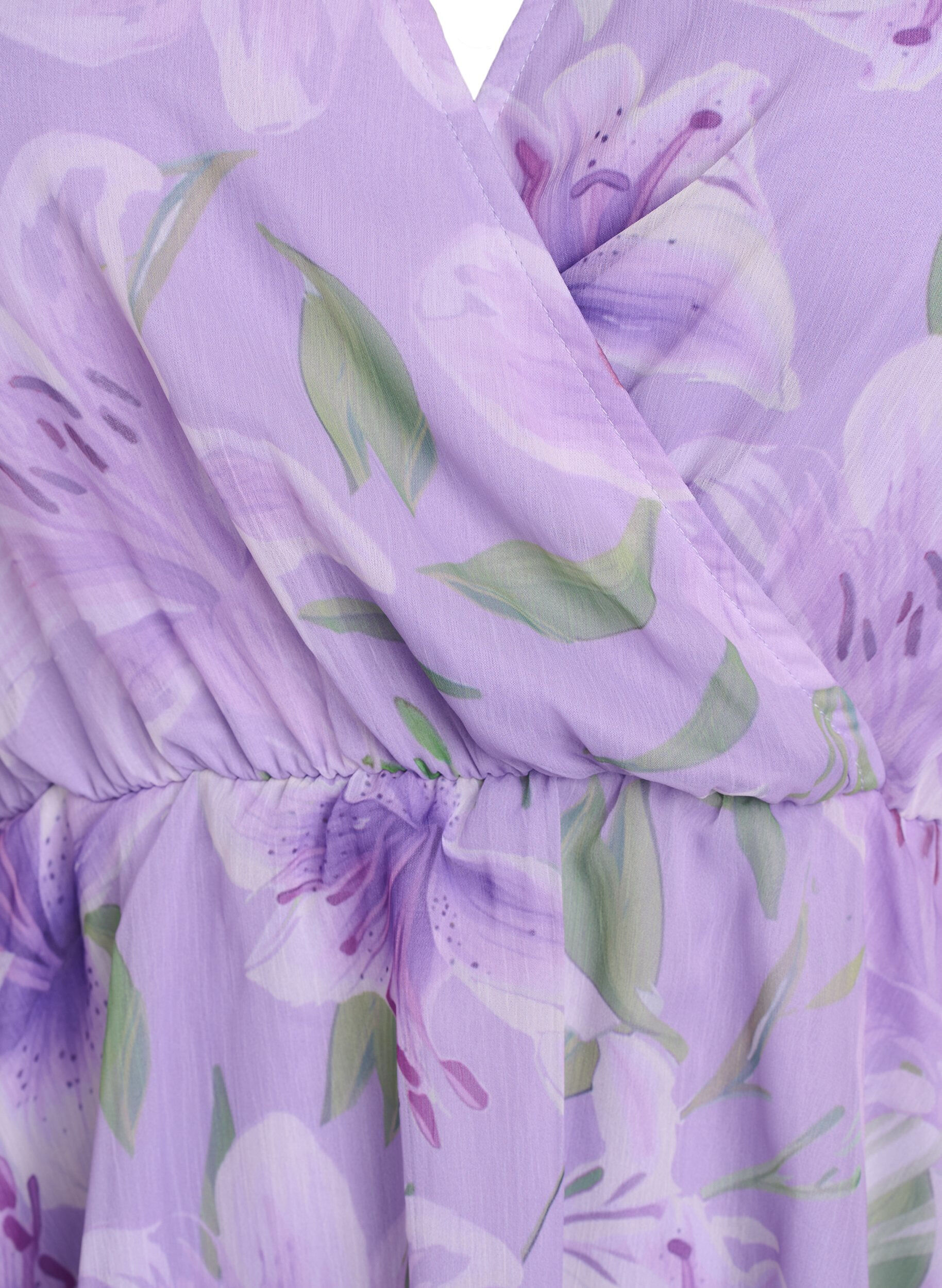 ZizziBlomstret chiffonbluse med korte &aelig;rmer, Lilla, Packshot image number 2