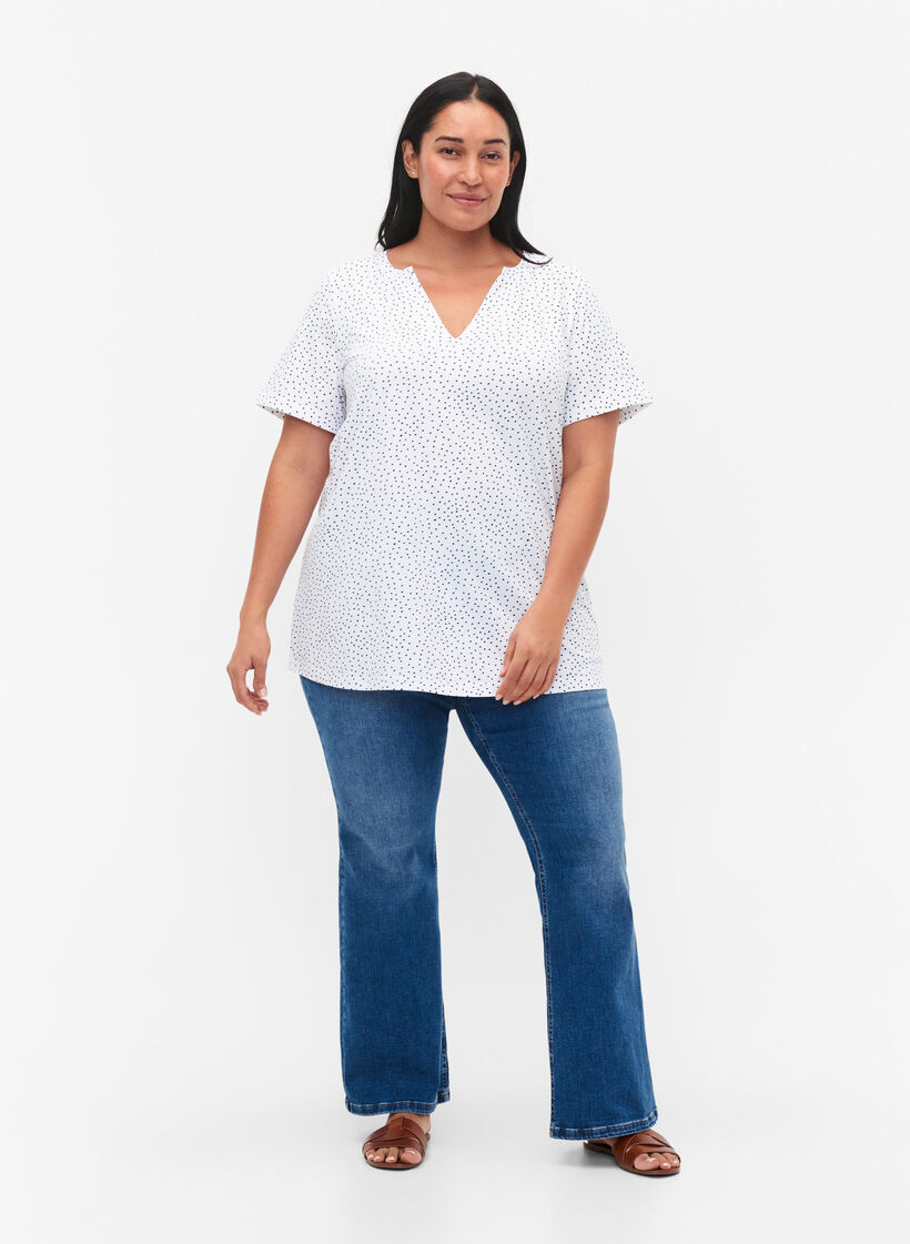 Bomulds t-shirt med prikker og v-hals, B.White/Black Dot, Model image number 2