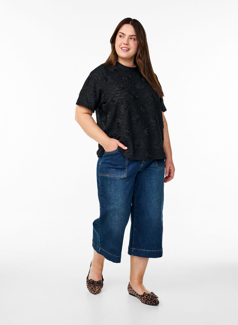 Bluse med 3D blomster og korte ærmer, Sort, Model image number 1