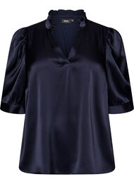 Bluse i satin-look med 1/2 &aelig;rmer og fl&aelig;sekrave, Bl&aring;