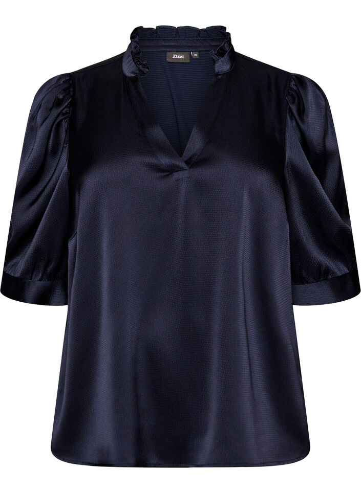 Bluse i satin-look med 1/2 &aelig;rmer og fl&aelig;sekrave, Bl&aring;, Packshot image number 0
