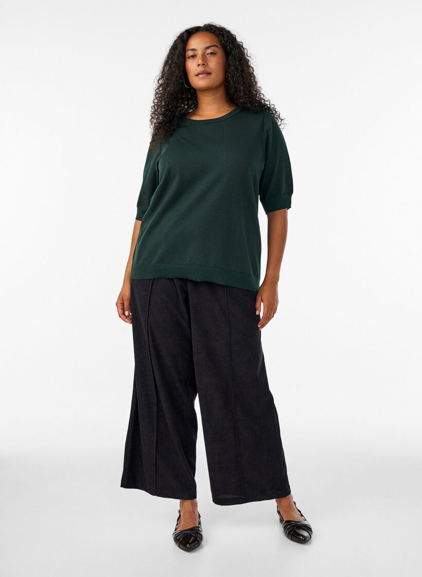 Finstrikket bluse med korte &aelig;rmer, Gr&oslash;n, Model image number 1