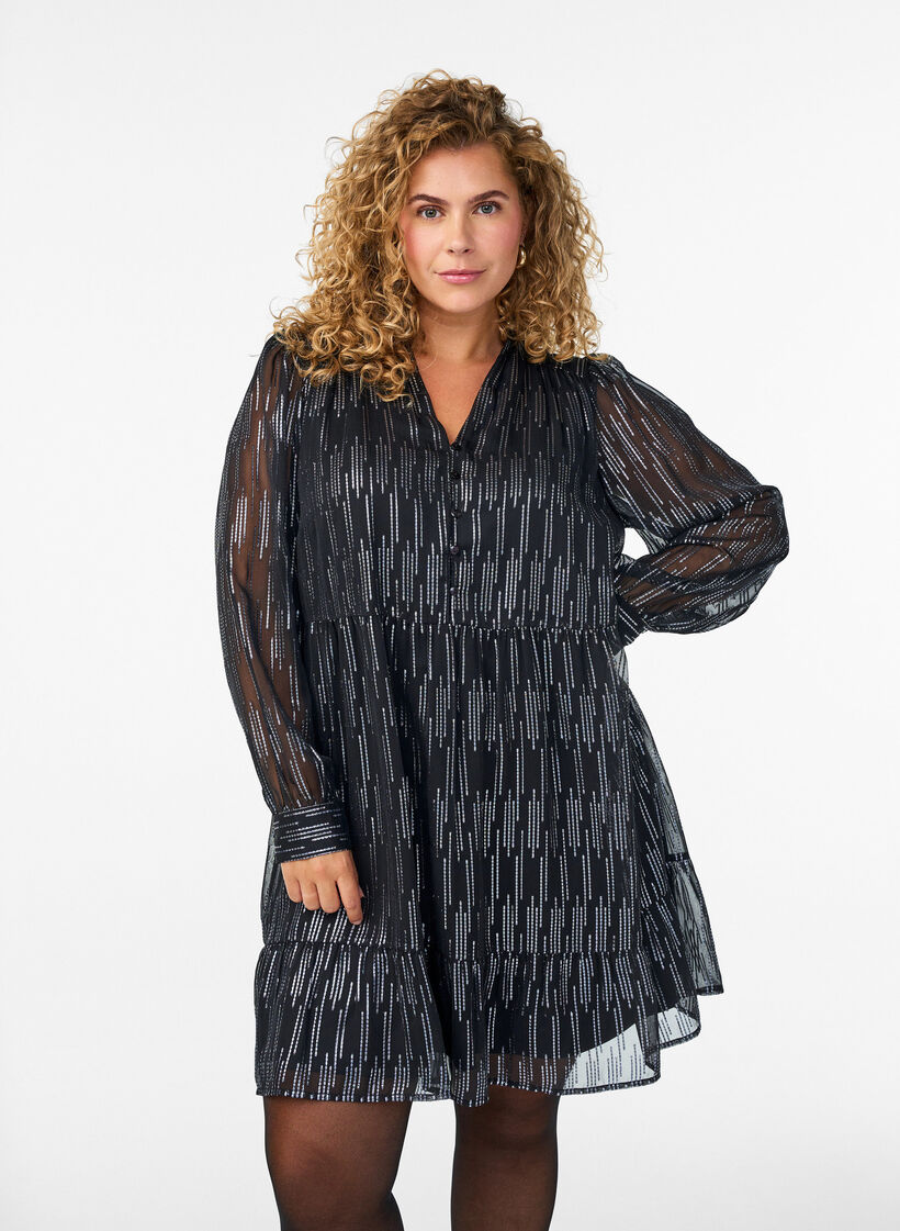 Kort festkjole med glitrende mønster, Sort, Model image number 0