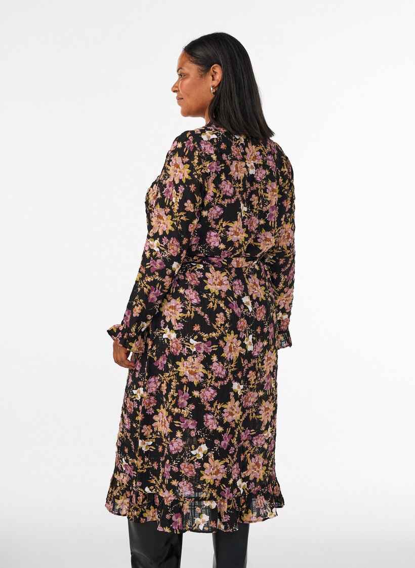 Midikjole med blomsterprint og aftageligt bindeb&aelig;lte, Sort, Model image number 2