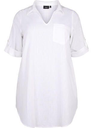 Kortærmet tunika i bomuldsmix med hør , Bright White, Packshot image number 0