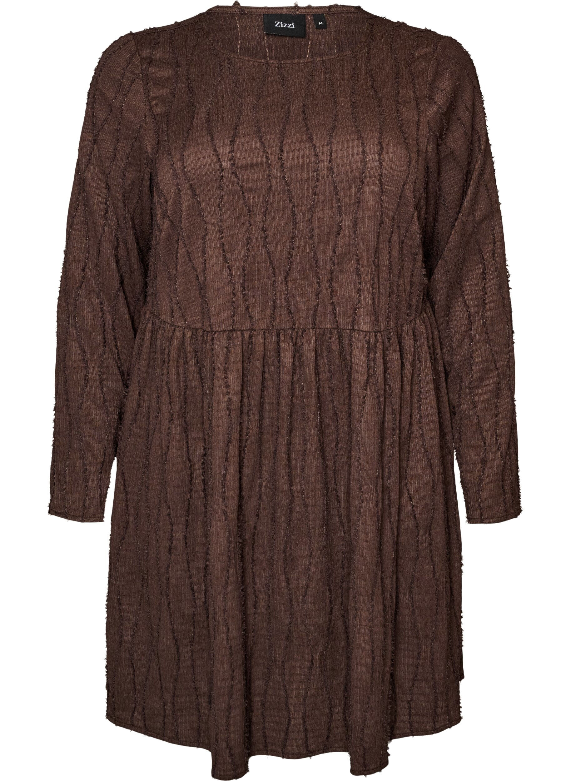 ZizziKort jersey&shy;kjole med b&oslash;lget strukturm&oslash;nster, Brun, Packshot image number 0