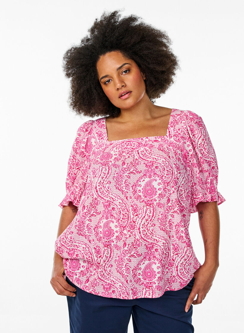 Viskosebluse med paisleyprint og firkantet udsk&aelig;ring, Lyser&oslash;d, Model image number 0