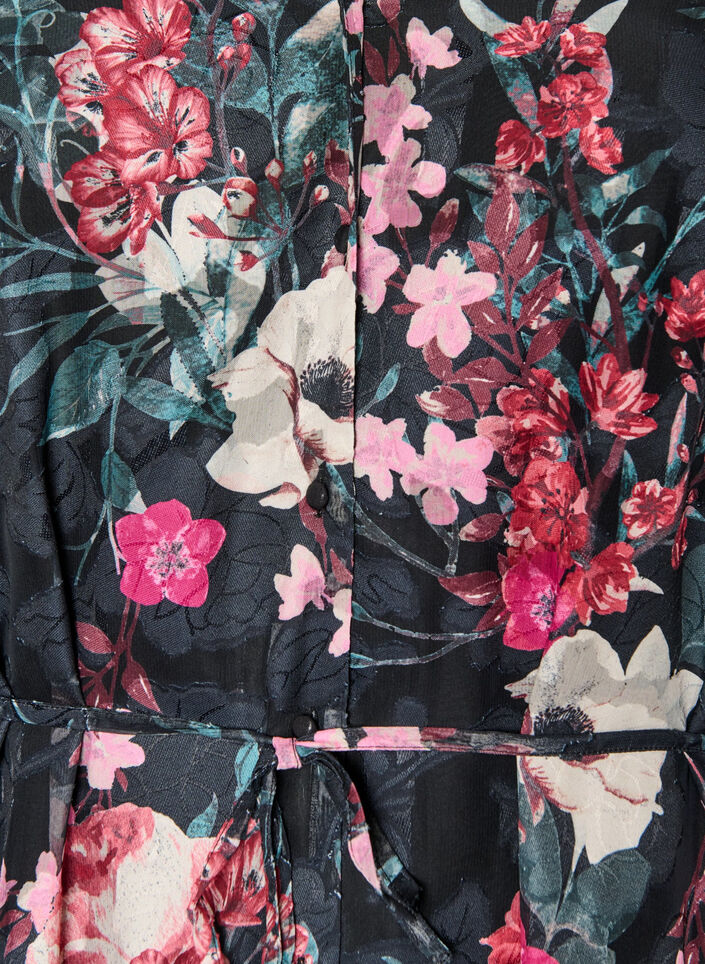 Blomstret midikjole med v&aelig;vet struktur og bindeb&aelig;lte, Sort, Packshot image number 2