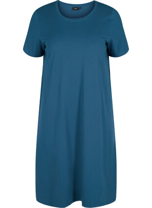 Kortærmet kjole i bomuld med slids, Majolica Blue, Packshot image number 0