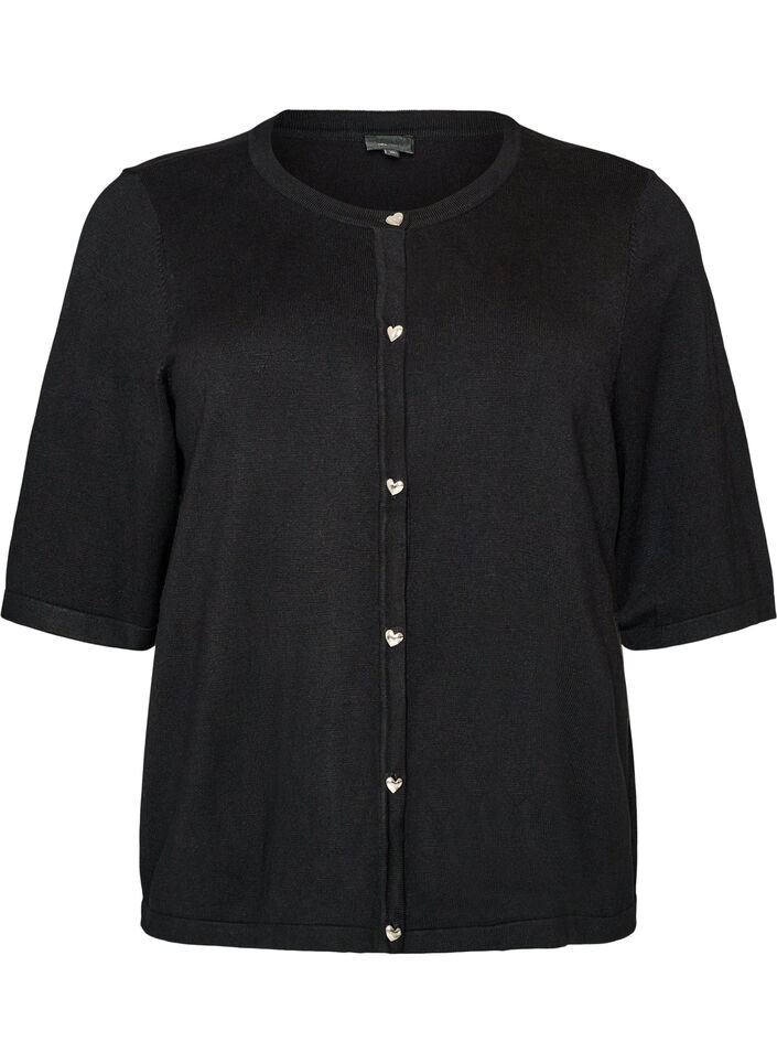 Strikket cardigan med hjerteknapper og korte &aelig;rmer, Sort, Packshot image number 0