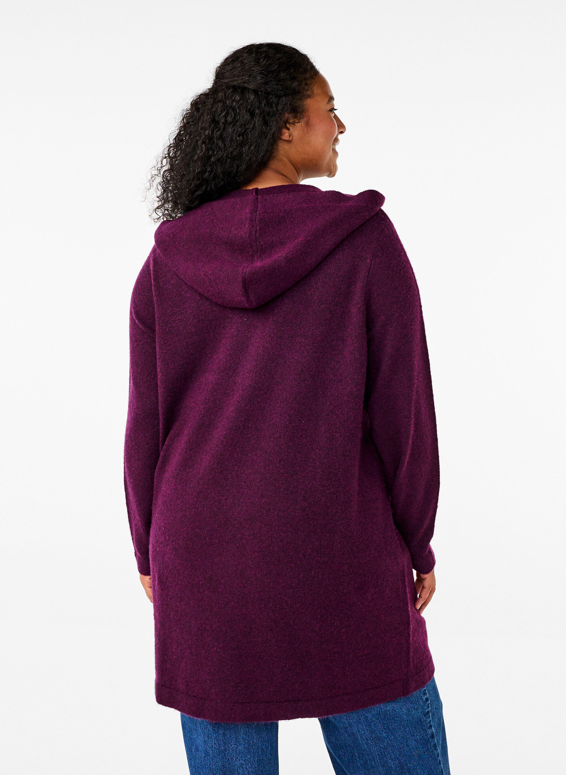 Zizzi Lang strik cardigan med uld og h&aelig;tte, Potent Purple Mel., Model image number 1