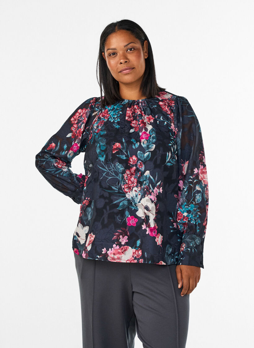 Blomstret bluse med v&aelig;vet struktur, Sort, Model image number 0