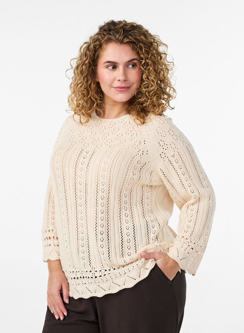 Strikbluse med hulm&oslash;nster og 3/4 &aelig;rmer, Beige, Model image number 0