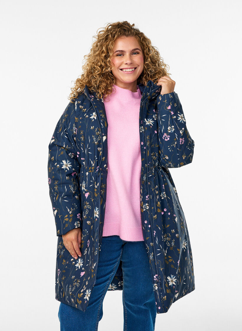 Vatteret vinterjakke med blomsterprint, Bl&aring;, Model image number 3