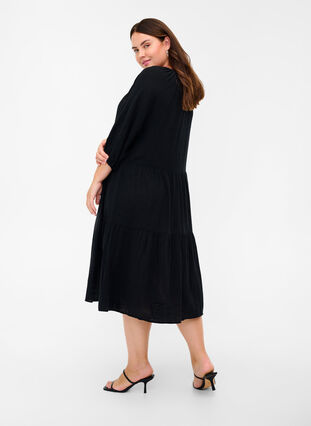 Bomulds kjole med 3/4 ærmer og bindedetalje, Black, Model image number 1