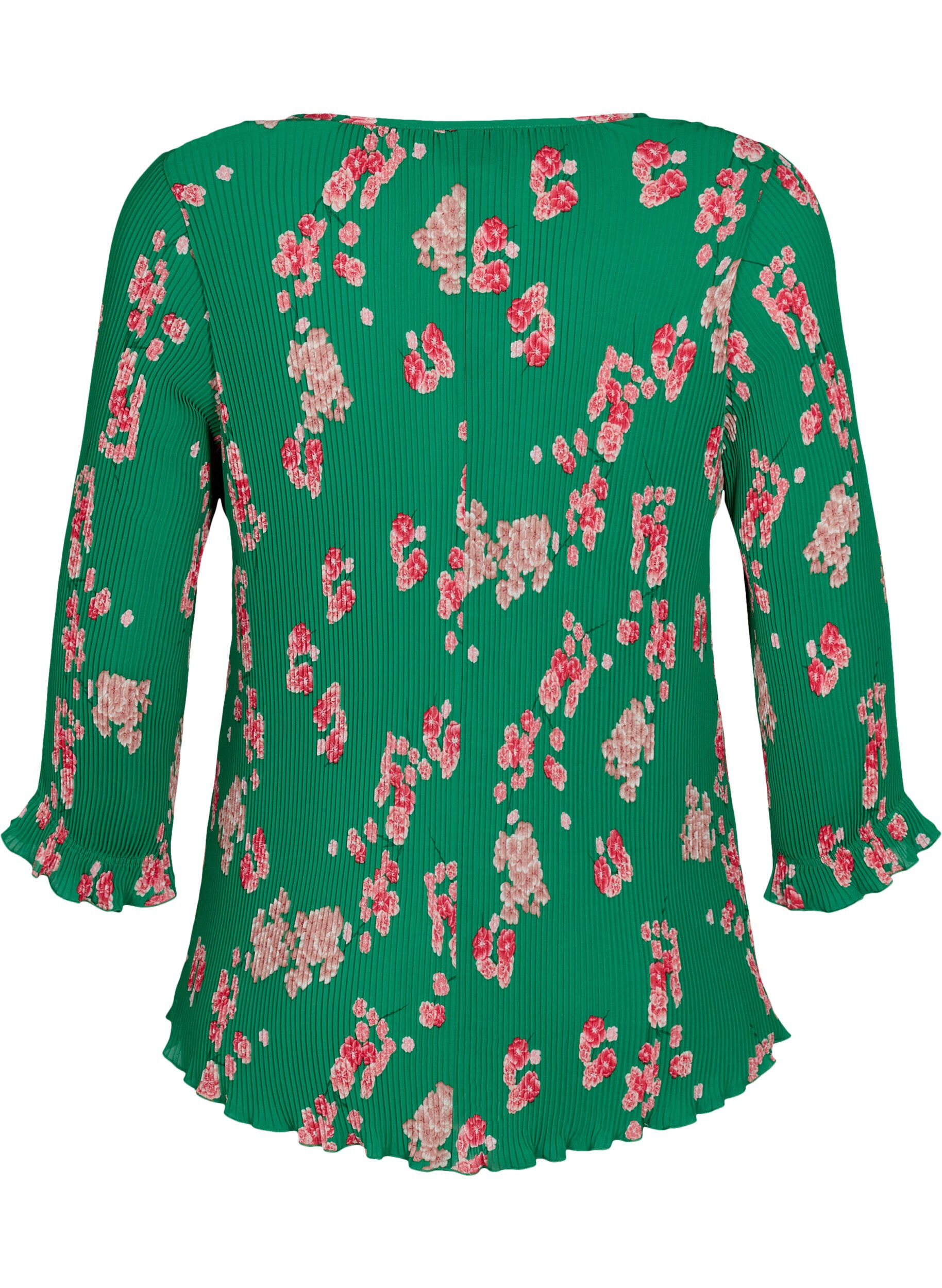 Zizzi Plisseret bluse med 3/4 &aelig;rmer, Jolly Green Flower, Packshot image number 1