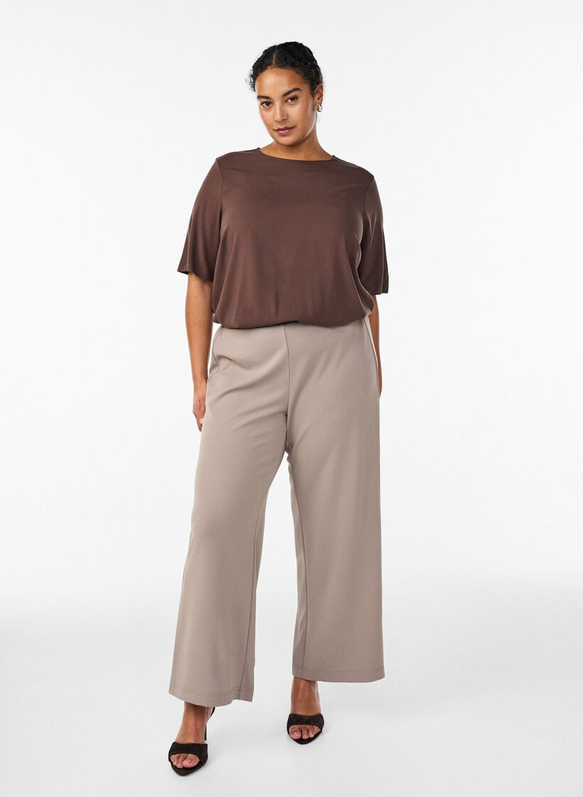 Kort&aelig;rmet v&aelig;vet bluse med rund hals, Brun, Model image number 1