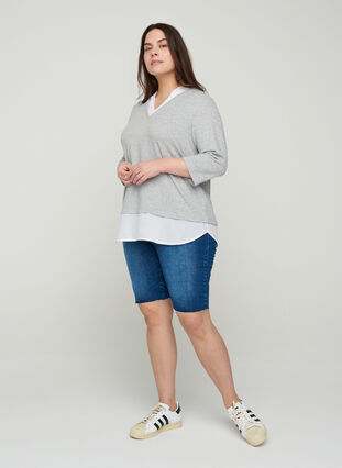 Meleret bluse med 3/4 ærmer og skjortedetaljer, Light Grey Melange, Model image number 2