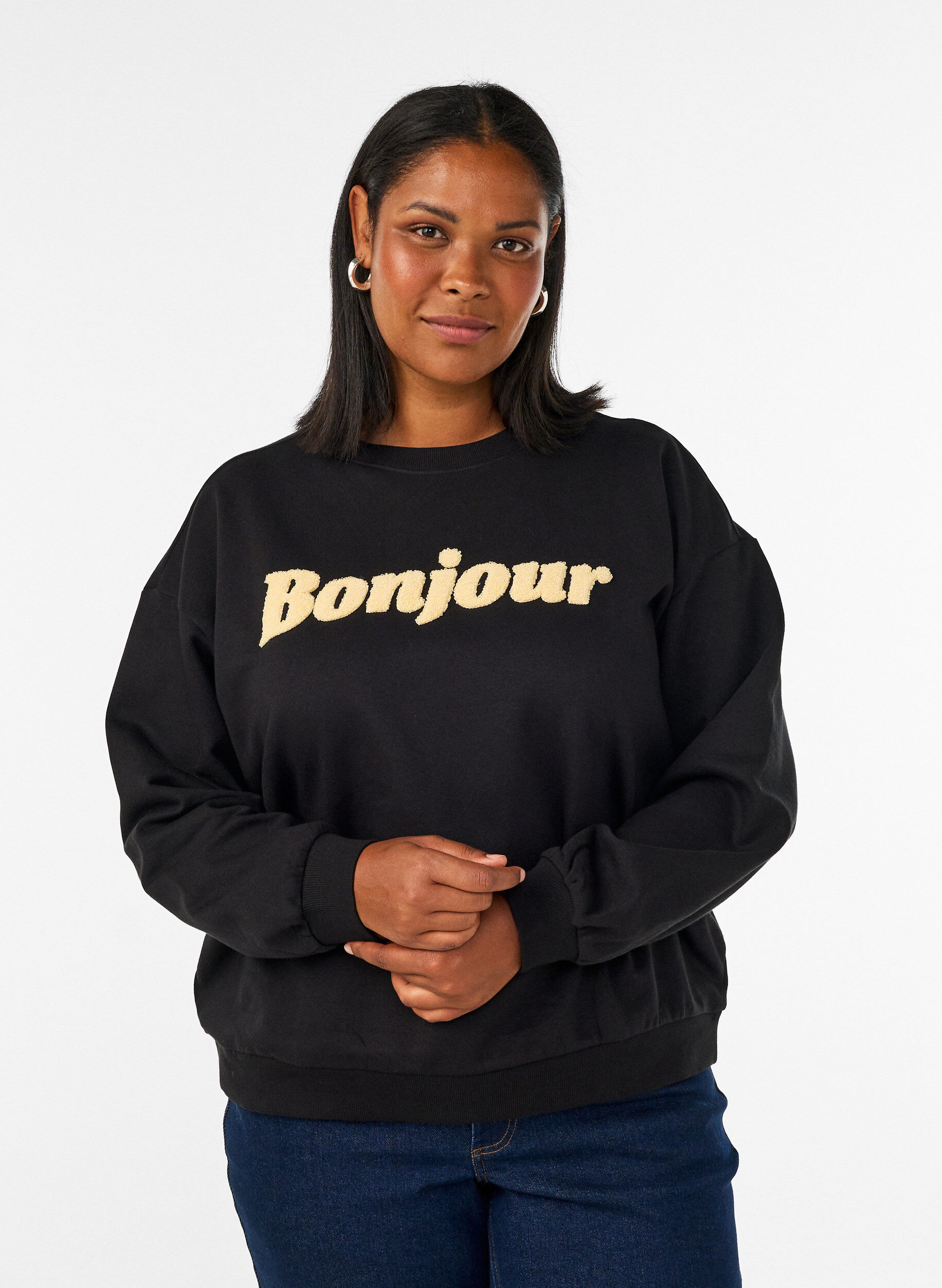 ZizziSweatshirt med tekstmotiv i boucl&eacute;, Sort, Model image number 0