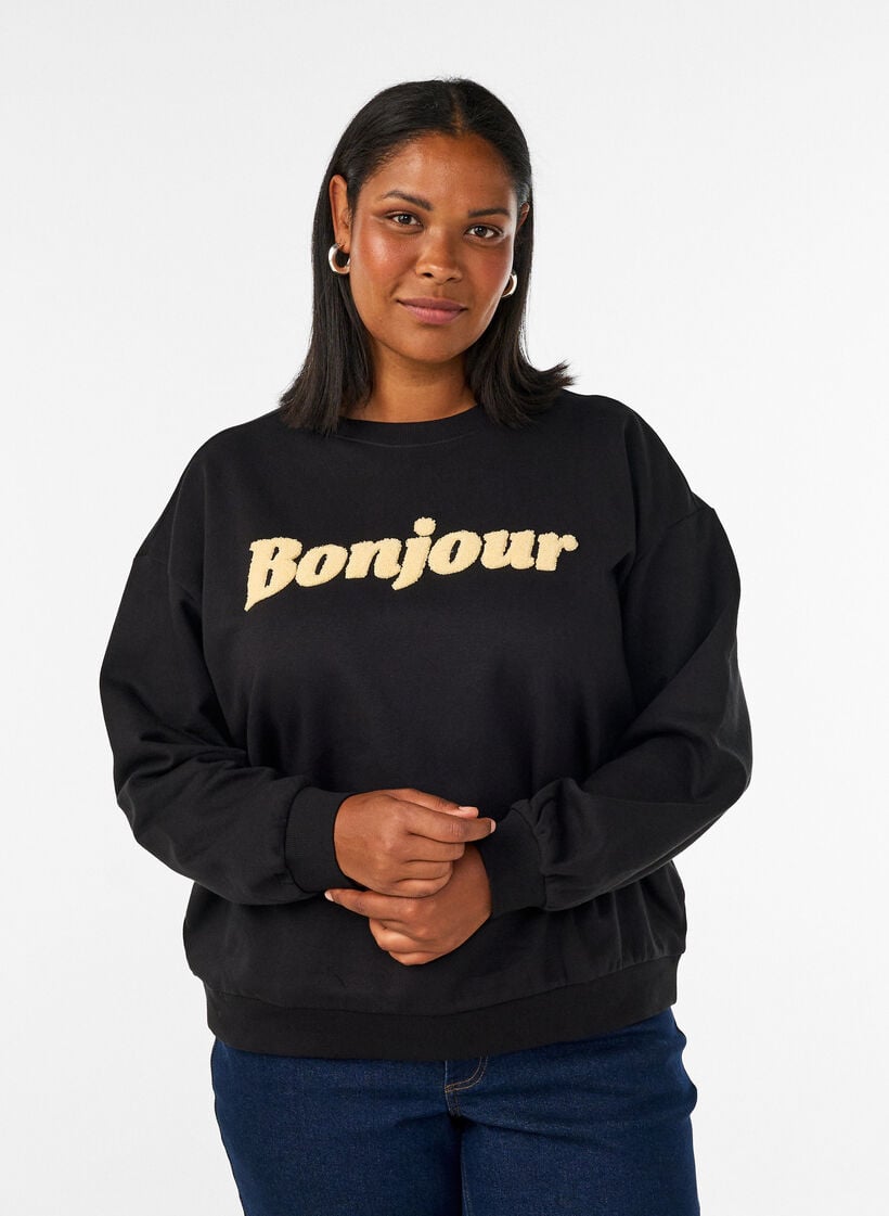 Sweatshirt med tekstmotiv i boucl&eacute;, Sort, Model image number 0