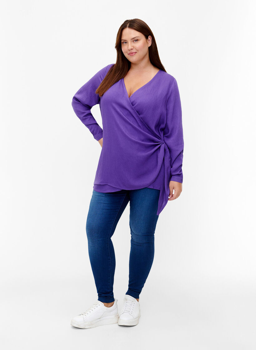 Langærmet bluse i viskose med wrap-look, Prism Violet, Model image number 2