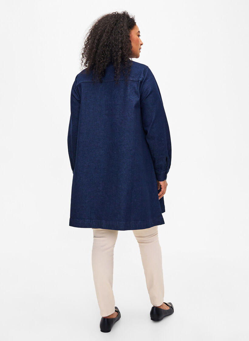Denimkjole med a-shape og knapper, Dark Blue Denim, Model image number 1