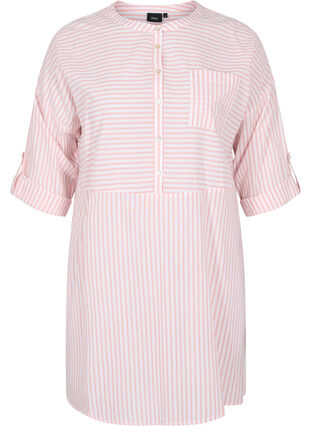 Stribet tunika med knapper og 3/4 ærmer, Rose Tan Stripe, Packshot image number 0