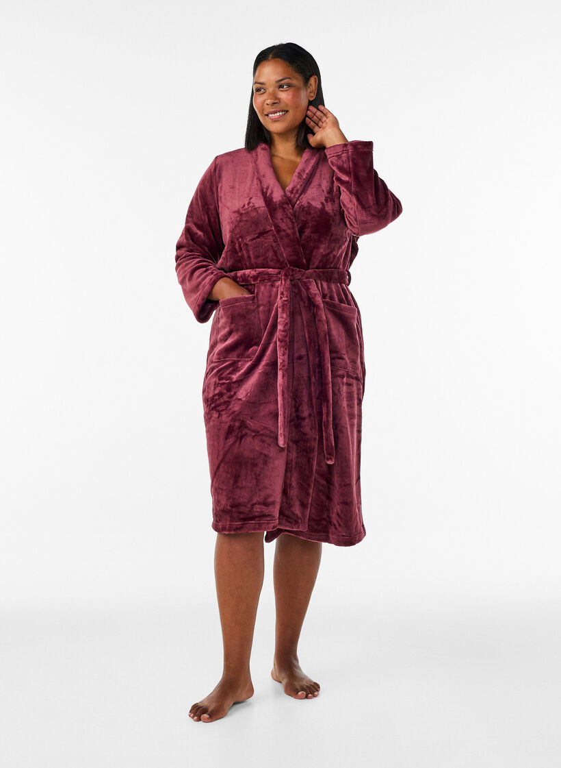 Morgenk&aring;be i bl&oslash;d velour med lommer, R&oslash;d, Model image number 0
