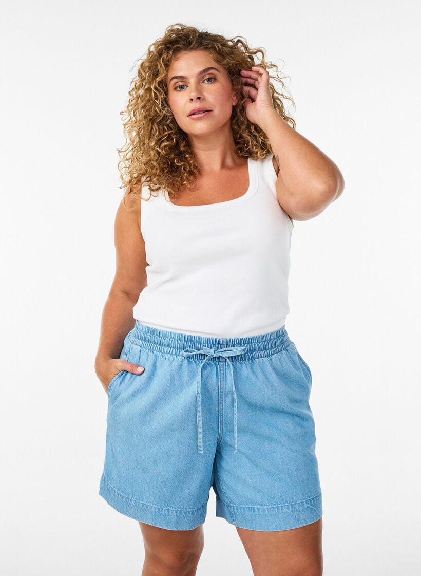 Shorts i denimlook med elastisk talje og bindeb&aring;nd, Bl&aring;, Model image number 0
