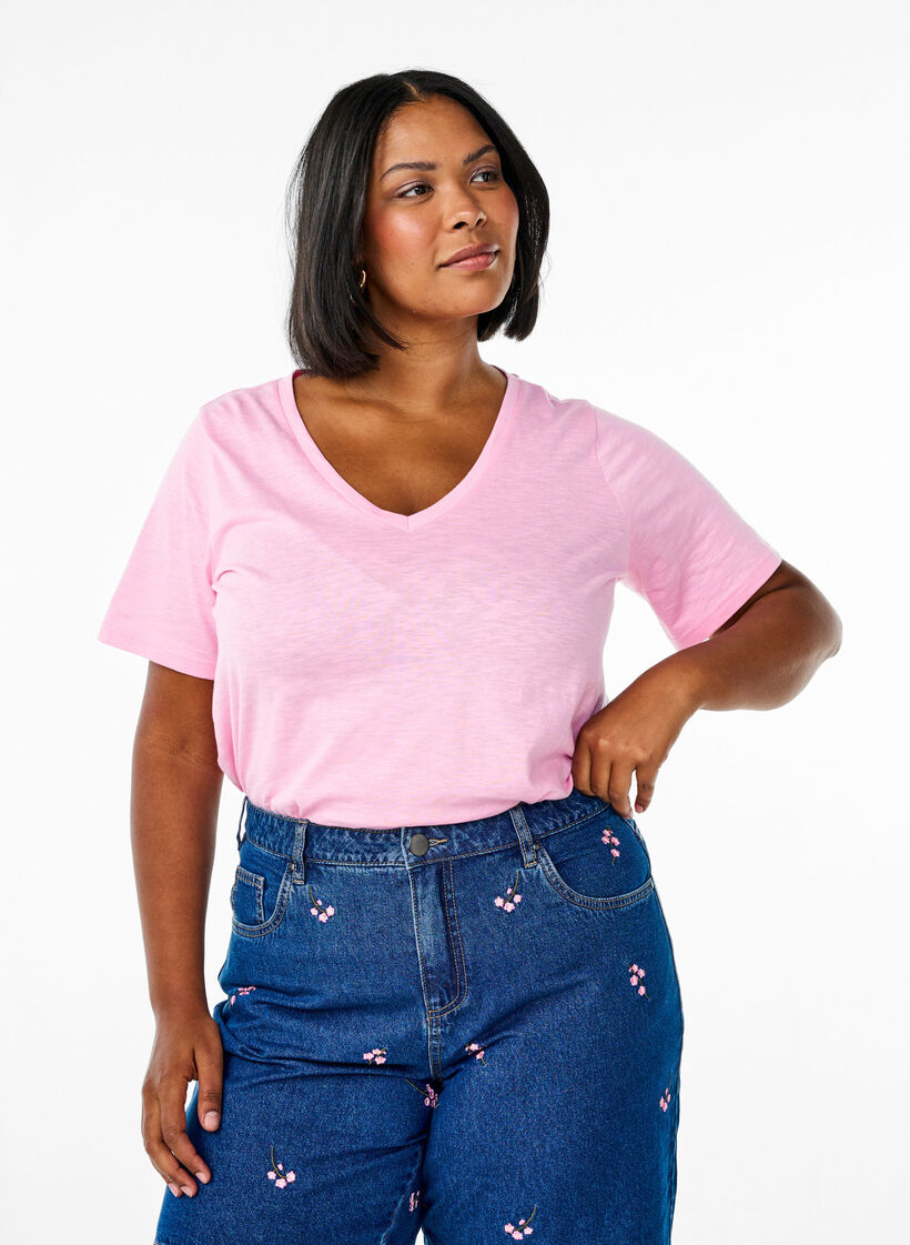 Kort&aelig;rmet basis t-shirt med v-hals, Lyser&oslash;d, Model image number 0