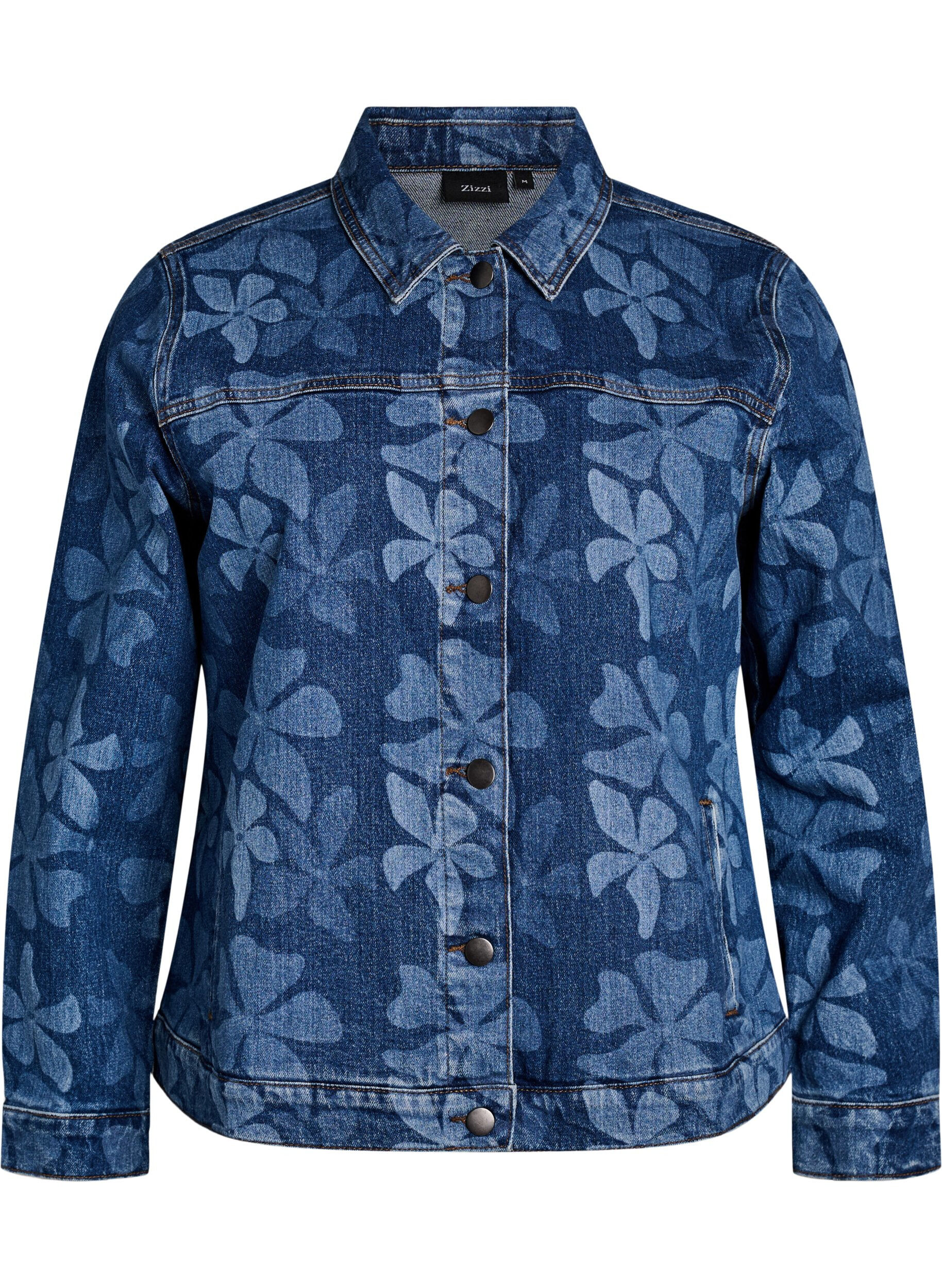 Zizzi Denimjakke med blomstret m&oslash;nster, Bl&aring;, Packshot image number 0