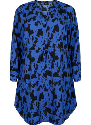 Printet kjole med snøre i taljen, Black Blue AOP, Packshot image number 0