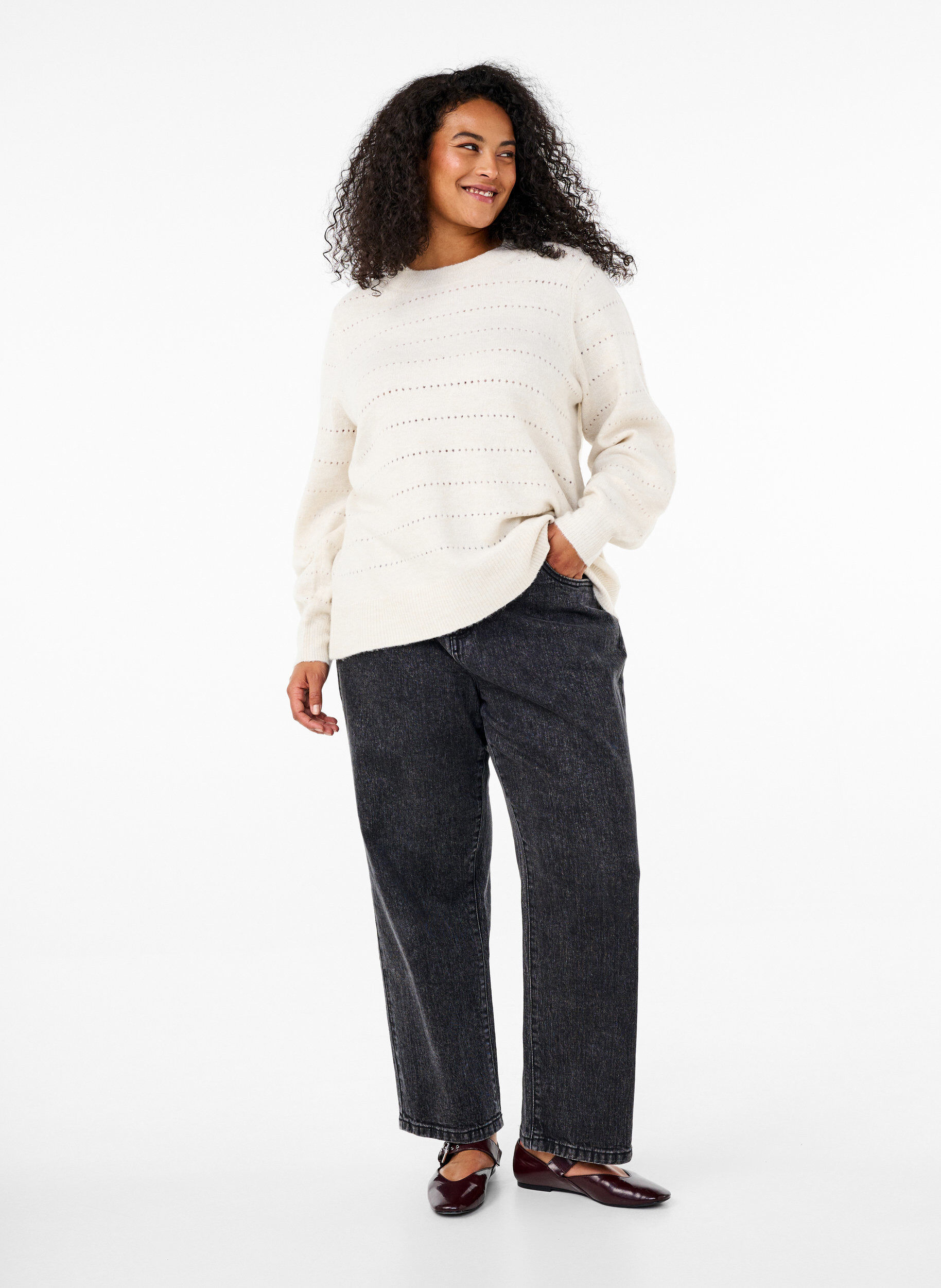 Zizzi Strikbluse med rund hals og hulm&oslash;nster, Birch Mel., Model image number 2