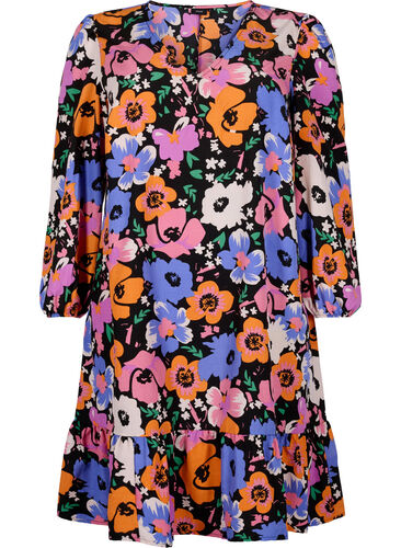 Blomstret kjole med v-hals, Vibrant Flower AOP, Packshot image number 0