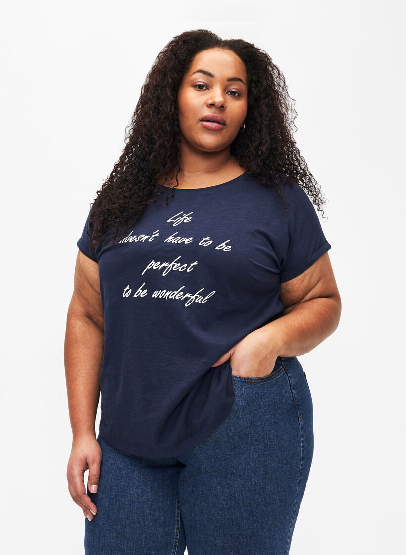 T-shirt i økologisk bomuld med tryk, N.Sky w. White Print, Model image number 0