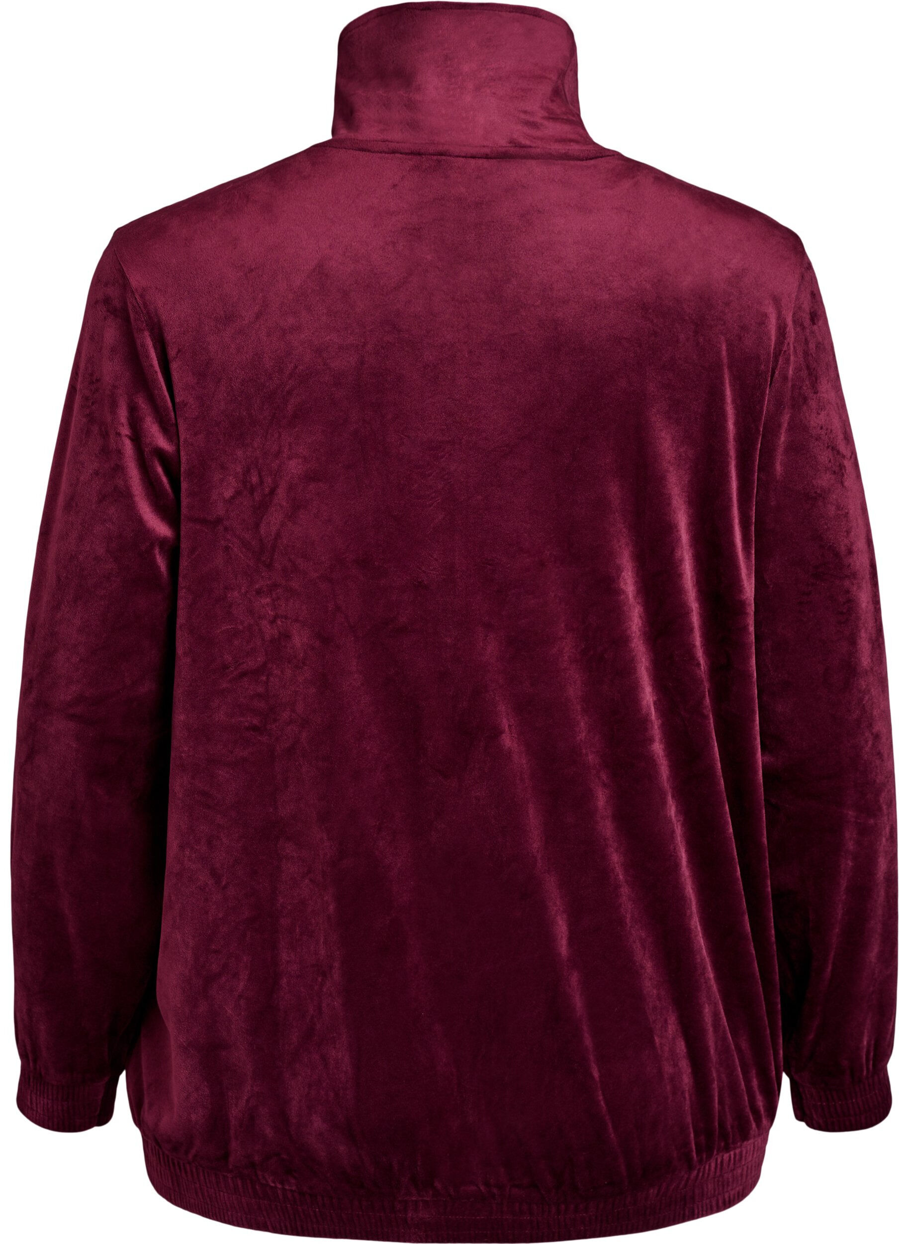 ZizziCardigan i bl&oslash;d velour med lynl&aring;s og h&oslash;j krave, M&oslash;rk Bordeaux, Packshot image number 1
