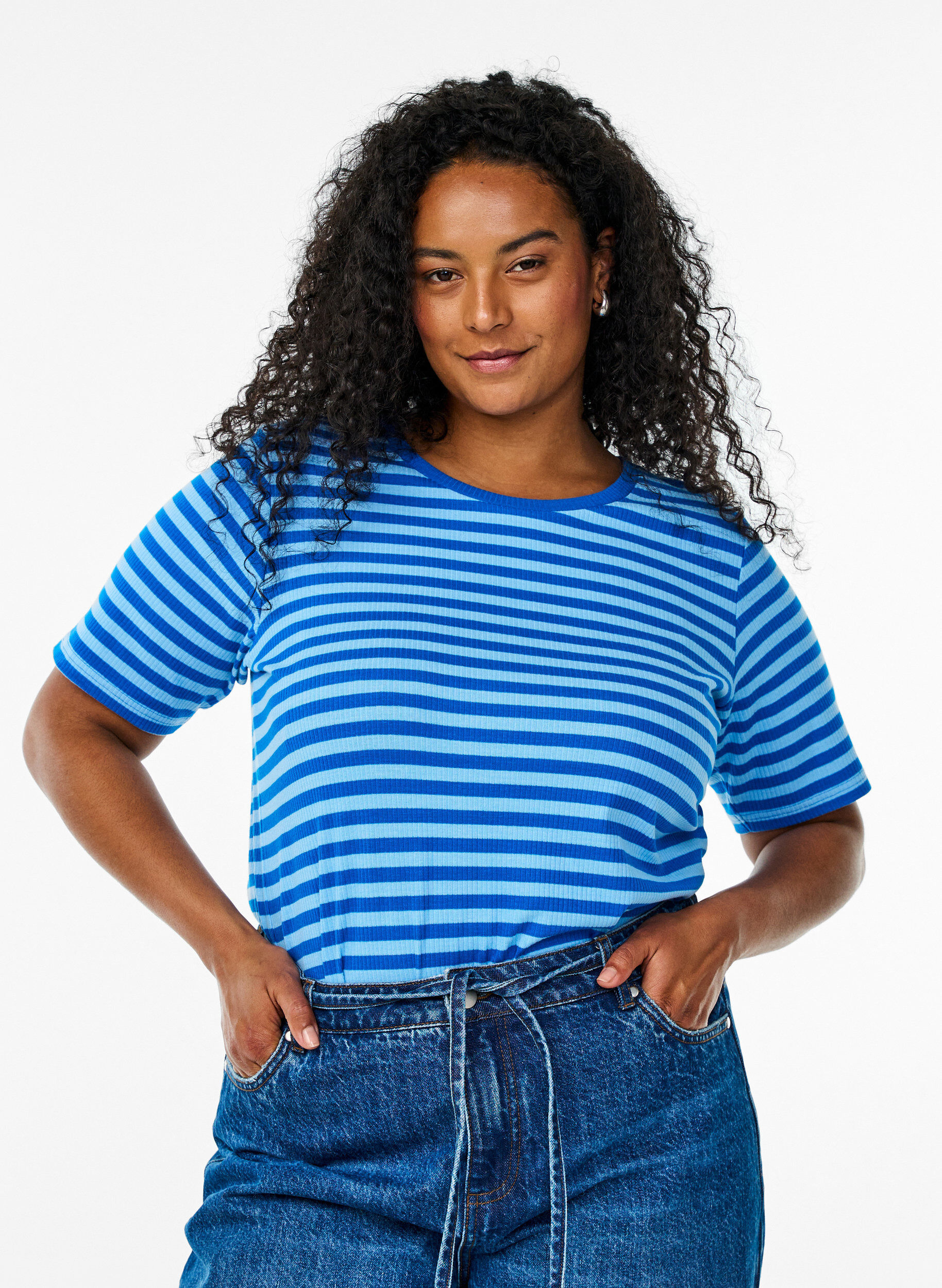 ZizziStribet t-shirt med ribstruktur, Bl&aring;, Model image number 0