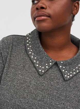 Meleret bluse med krave og perler , Dark Grey Mel, Model image number 2