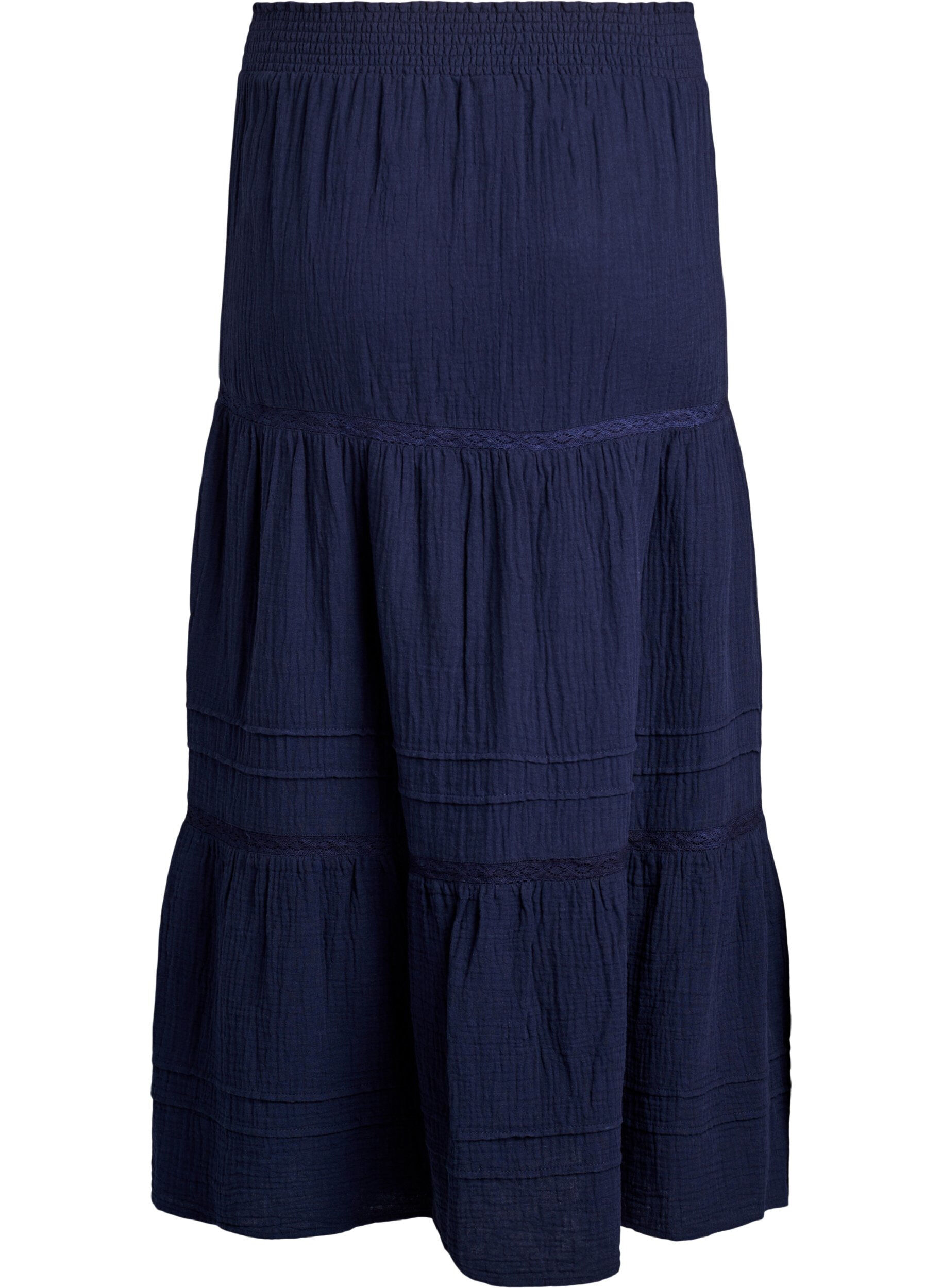 ZizziA-formet midi nederdel i bomuldsmusselin med crochetb&aring;nd, Bl&aring;, Packshot image number 1