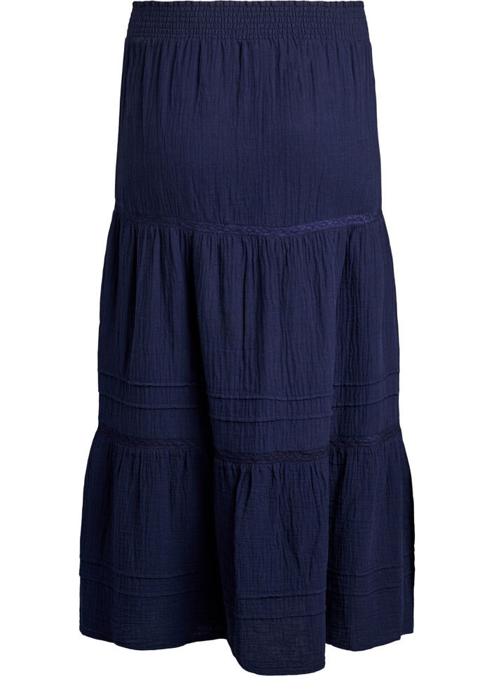 A-formet midi nederdel i bomuldsmusselin med crochetb&aring;nd, Bl&aring;, Packshot image number 1