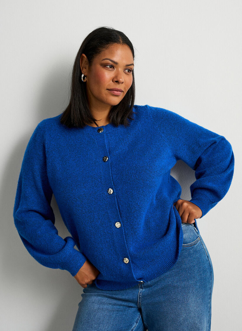 Cardigan i bl&oslash;d strik med guldfarvede knapper, Turkis, Model image number 0