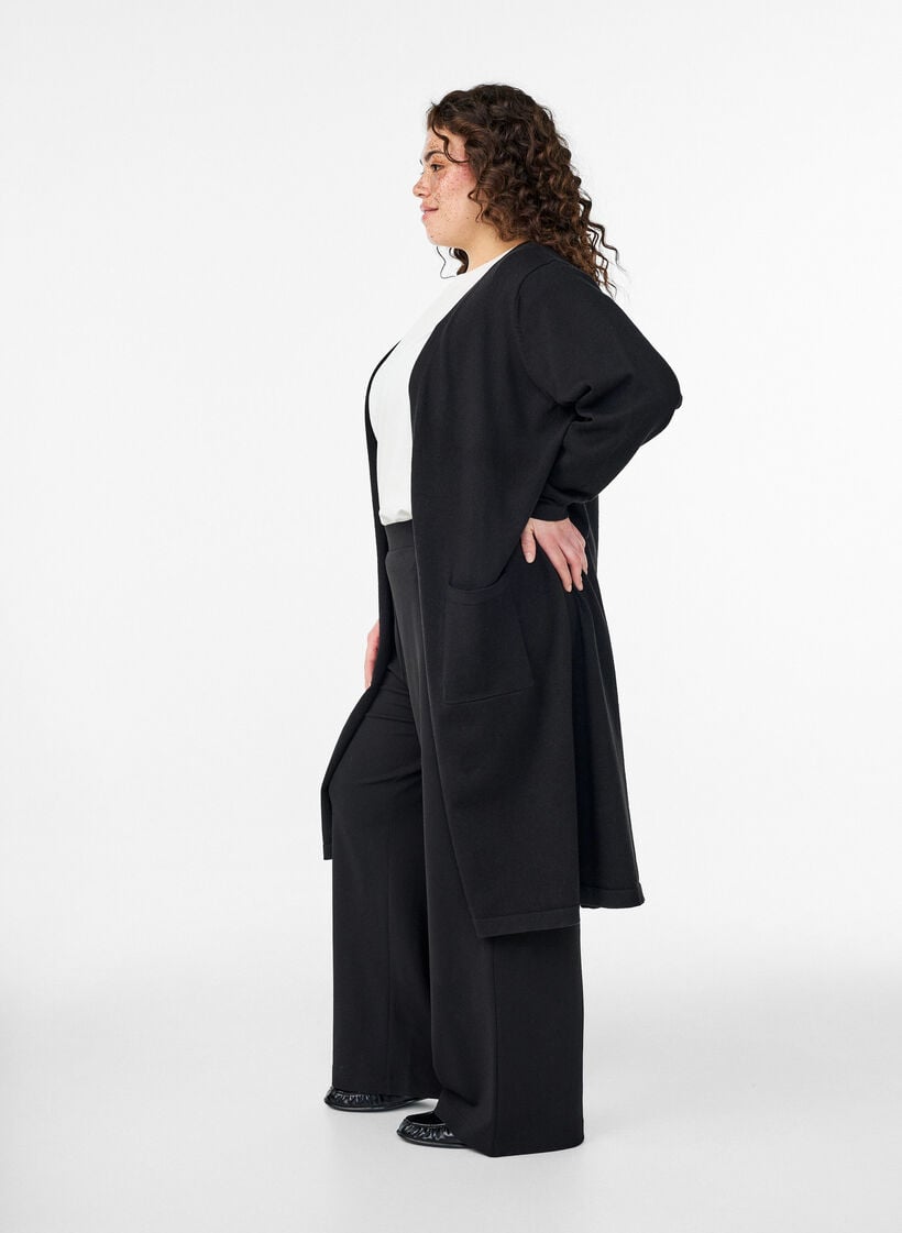 Lang, &aring;ben cardigan med lommer, Sort, Model image number 2