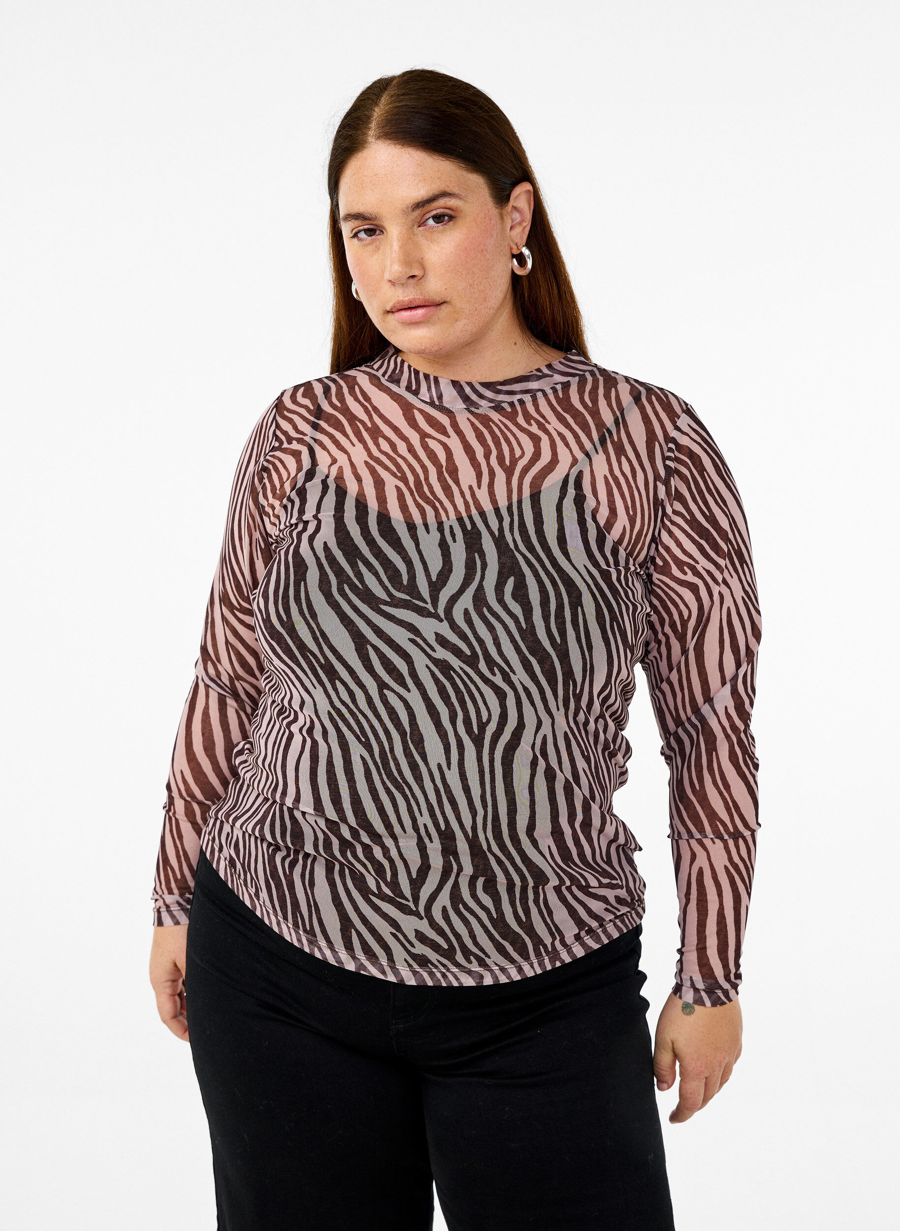 Zizzi Mesh bluse med zebram&oslash;nster, Sort, Model image number 0