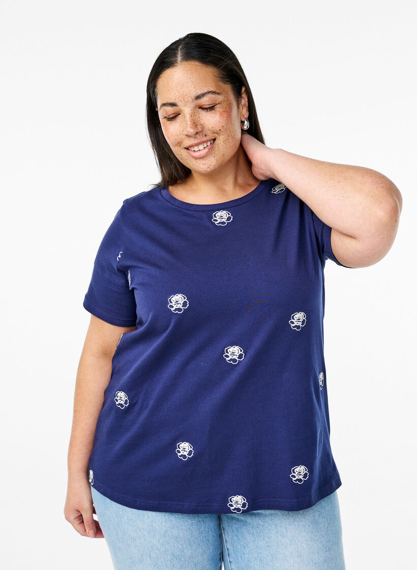 T-shirt i &oslash;kologisk bomuld med broderede motiver, Bl&aring;, Model image number 0