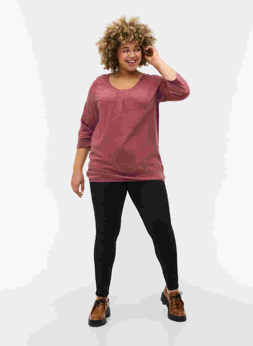 Ensfarvet bluse med 3/4 ærmer i bomuld, Rose Brown, Model image number 2