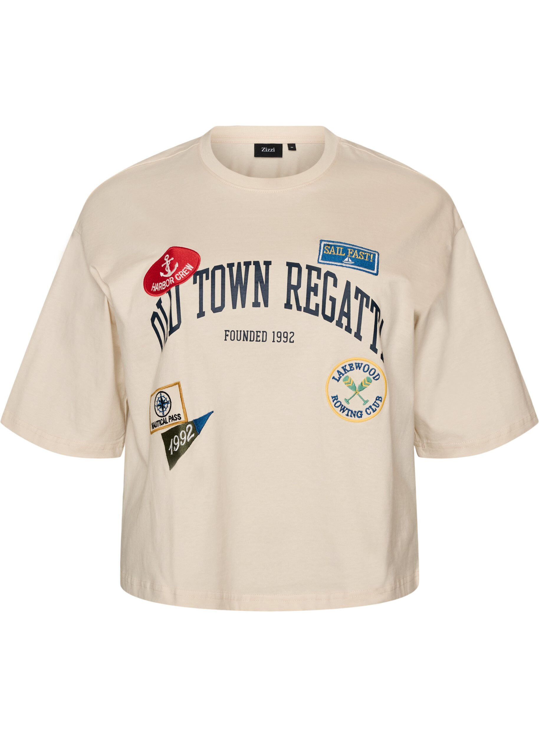 ZizziT-shirt med tekstprint og badges, Beige, Packshot image number 0