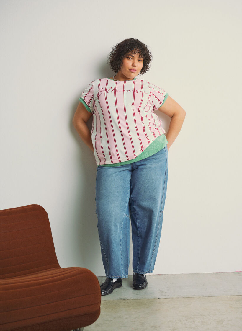 T-shirt med striber og tekstprint, Lyserød, Image image number 0