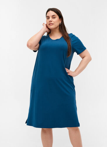 Kortærmet kjole i bomuld med slids, Majolica Blue, Model image number 0