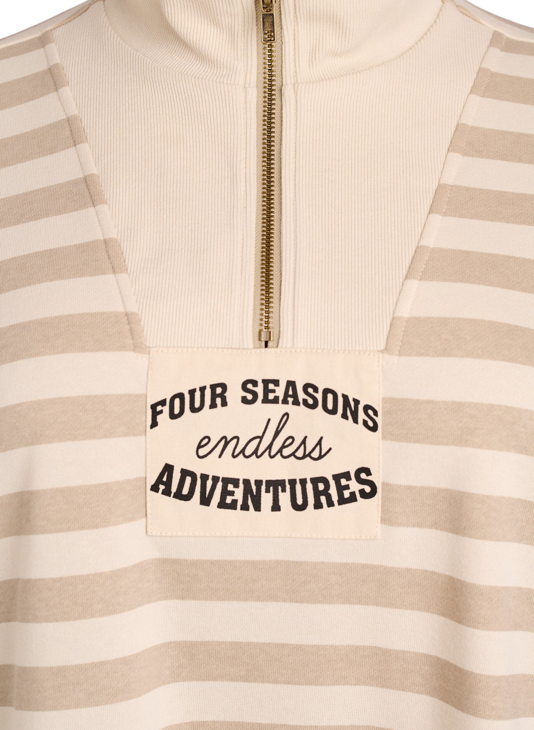 Zizzi Stribet sweatshirt med h&oslash;j hals og lynl&aring;s, Beige, Packshot image number 2